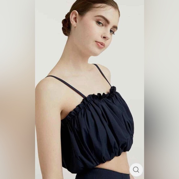 CINQ A SEPT Shirt Womens Large Navy Blue Ivee Crop Tank Bubble Top Large